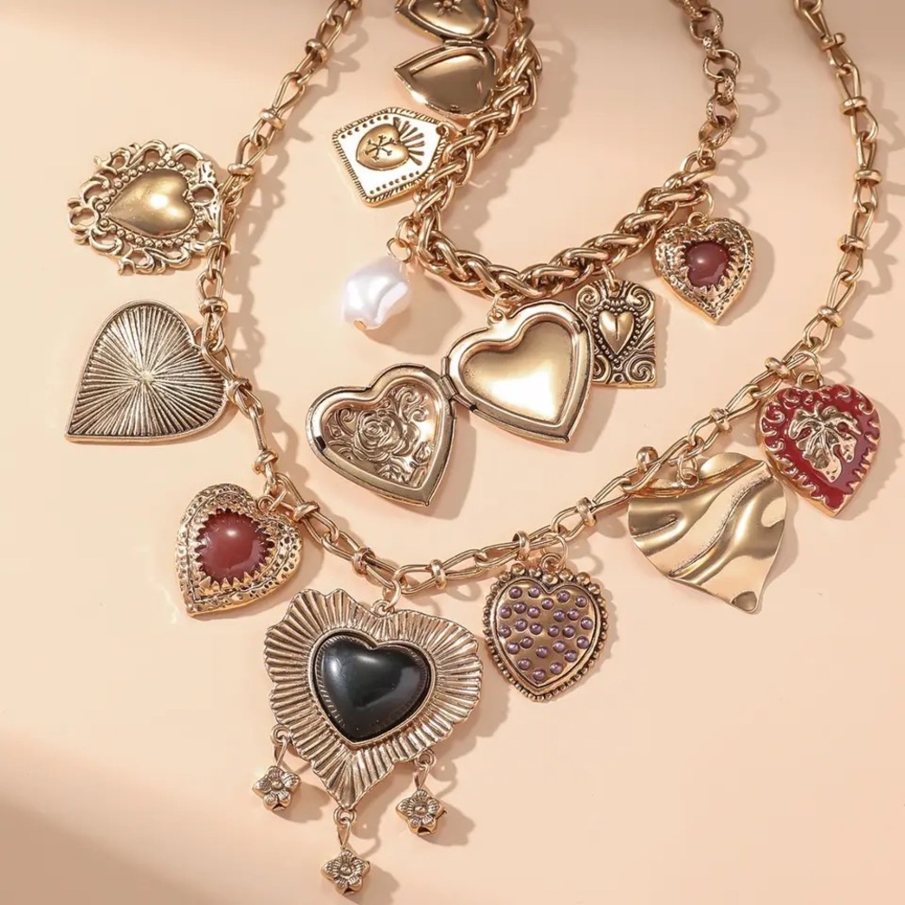 Zara 2-chains Heart Drop Charms Double Chain Necklaces Set - Picture 4 of 16